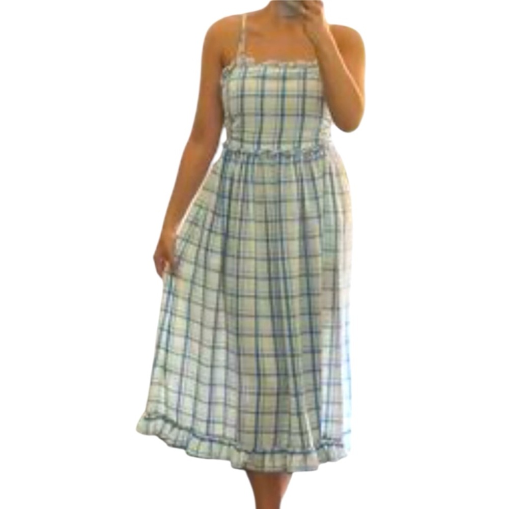 Max Studio London Blue White Plaid Smocked Midi Dress NEW Large